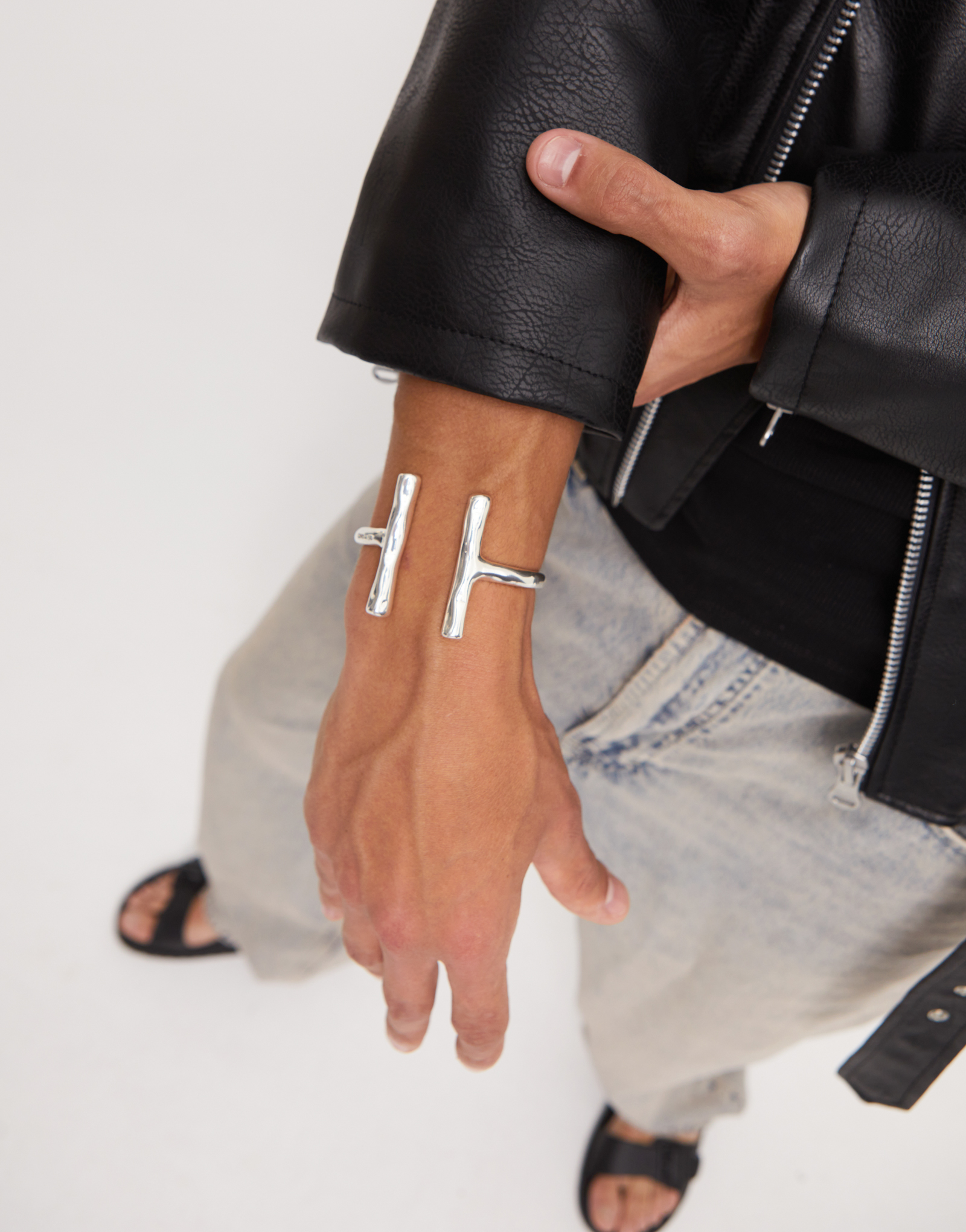 Bangle bracelet with two long tubes, Silver, large thumbnail